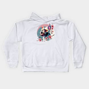 Joyful French Bulldog with Spring Cherry Blossoms Kids Hoodie